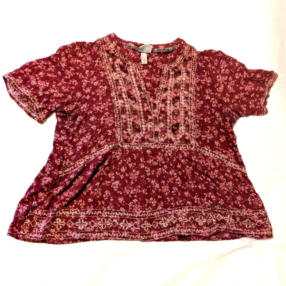 Knox Rose Womens XL Burgundy Boho Floral Print Blouse With Embroidered Details